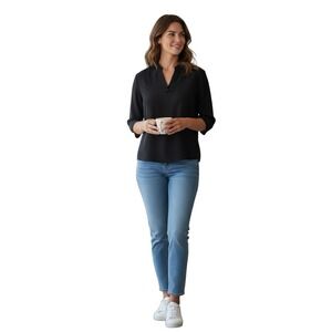 Exclusively Misook Women's L Black Knit Tunic‎ 3/4 Sleeve Split Neck Top